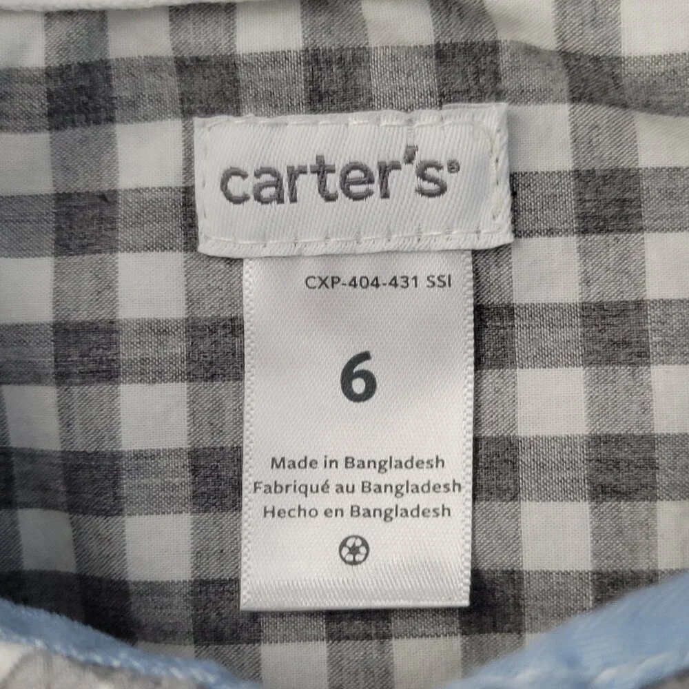 Carter's Boy's Long Sleeve Grey  Gingham Button Front Shirt Size 6